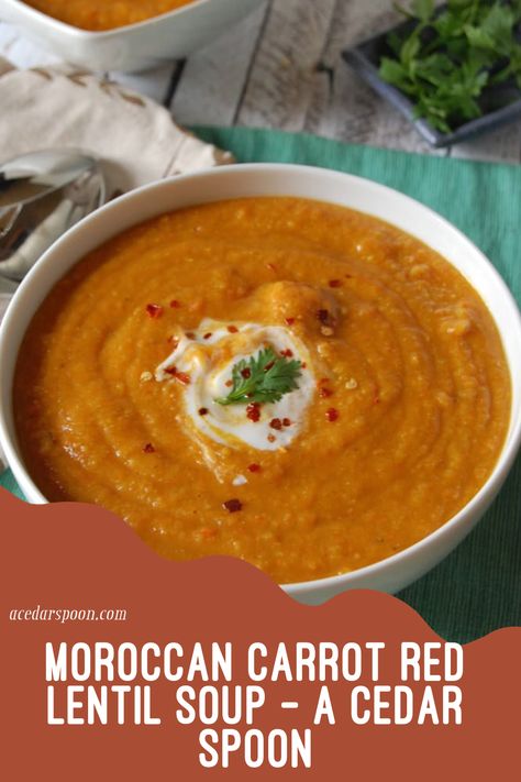 image Recipe: Moroccan Carrot Red Lentil Soup is a meatless soup recipe packed full of flavor! Cumin, turmeric and cinnamon complement the red lentils. Meatless Soup Recipes, Meatless Soup, Meatless Soups, Moroccan Carrot, Moroccan Carrots, Red Lentils, Red Lentil Soup, Red Lentil, Lentil Soup