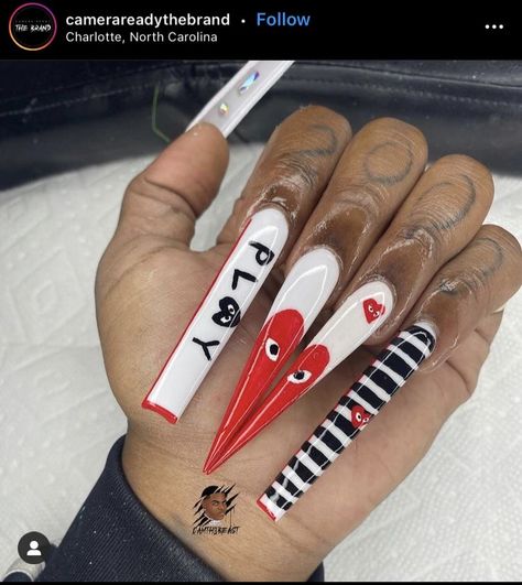 Comme Des Garcons Nails Acrylic, Des Garcons Nails, Cdg Nails, Comme Des Garcons Nails, Nail Design Glitter, Acrylic Nail Set, Long Acrylic Nail Designs, Drip Nails, Racun Shopee