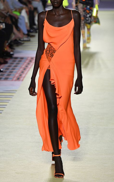 Versace 2024, Cocktail Midi Dress, 2024 Dresses, Cocktail Wear, Embellished Maxi Dress, Versace Fashion, Orange Satin, Versace Collection, Midi Cocktail Dress