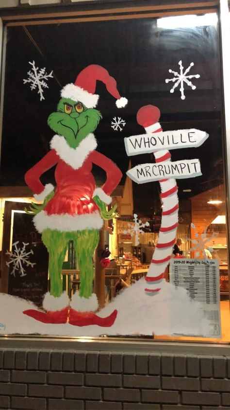 Christmas Window Painting Grinch, Grinch Window Art, Whoville Window Painting, Grinch Window Painting, Christmas Window Painting, Christmas Painting, Store Windows, Paper Banners, Xmas Decor