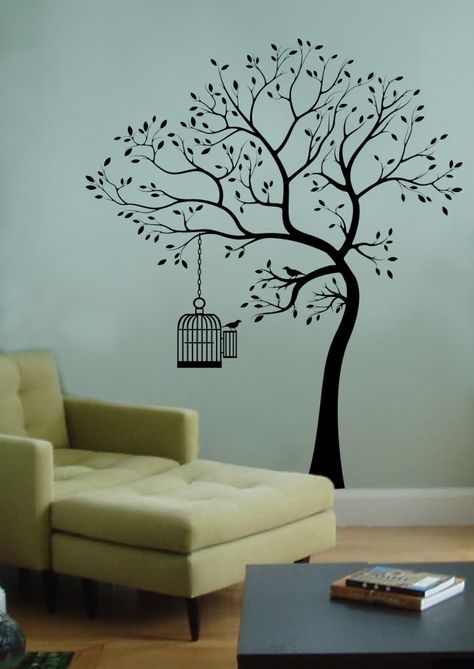 tree wall paintings | ... by digiflare : Wall Decal BIG TREE BIRD w/CAGE Deco Art Sticker Mural Tree Design On Wall, Tree Wall Painting, Simple Wall Paintings, Wall Painting Living Room, Wall Tree, Wall Sticker Design, Tree Wall Murals, Diy Wall Painting, Room Wall Painting