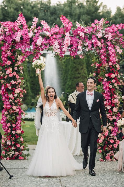 Pink orchid chuppah! #prettyinpink Flower Runner Wedding, Chuppah Flowers, Lavender Wedding Theme, Wedding Chuppah, Magenta Wedding, Bright Wedding Colors, Madison Wedding, Wedding Planning Decor, Santorini Wedding