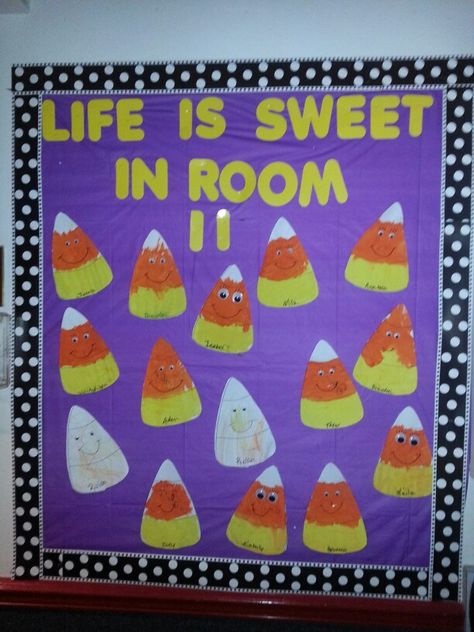 Candy Corn Classroom Door Ideas, Candy Corn Bulletin Board, Candy Corn Bulletin Board Ideas, Candy Bulletin Boards, Dorm Door, Cute Bulletin Boards, October Ideas, Preschool Bulletin, Halloween Crafts For Toddlers