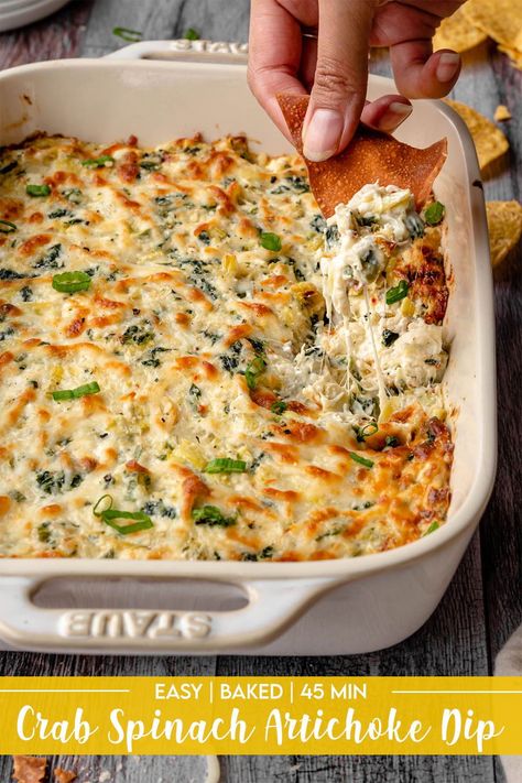 This is the best hot Spinach Artichoke Dip with Crab out there! It's super rich & creamy with three different cheeses, flaky crab meat, spinach, and artichoke. This easy homemade dip is baked to golden perfection and is great with chips, crackers, veggies, and more! The perfect appetizer for Super Bowl, holiday, game night, potlucks, and family dinners. 11 ingredients, gluten free, 45 minutes. Fried Wonton Chips, Crab Spinach Artichoke Dip, Deep Fried Wontons, Hot Spinach Artichoke Dip, Baked Wontons, Fried Wonton, Crab And Artichoke Dip, Wonton Chips, Fried Wontons