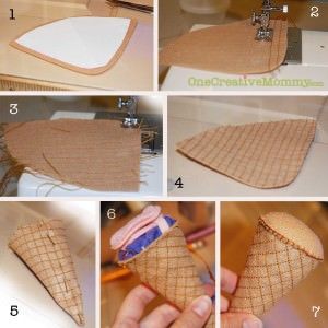 Steps for Making Ice Cream Cone Part 1 {OneCreativeMommy.com} Ice Cream Tutorial, Felt Ice Cream, Felt Food Diy, Felt Food Patterns, Felt Cake, Felt Play Food, Diy Ice Cream, Felt Crafts Diy, Food Patterns