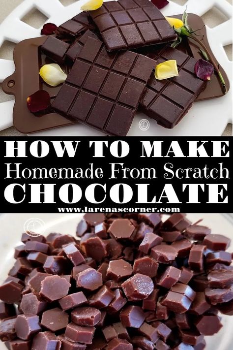 How to make chocolate from scratch with pictures of bars and chips. Unsweetened Chocolate Bar Recipes, How To Make Chocolate From Scratch, How To Make Your Own Chocolate, Make Your Own Chocolate Bar, Home Made Chocolate Recipe, Chocolate Bar Recipes Homemade, How To Make Chocolate Chips, Diy Chocolate Chips, Chocolate Bar Recipes