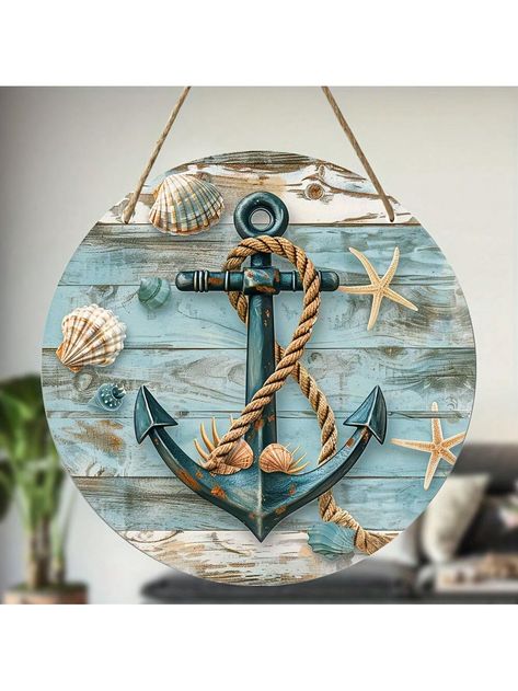 1 Sailing Anchor Sign With Shell, 8-Inch Round Wooden Summer Wreath Plaque, Rural Beach Wall Decoration, Used For Home, Garden, Door, Living Room, Dining Room, Ocean Themed Indoor And Outdoor Decoration Multicolor    Wood     Home Decor, size features are:Bust: ,Length: ,Sleeve Length: Nautical Outdoor Decor, Anchor Signs, Beach Crafts Diy, Door Living Room, Garden Door, Sailboat Design, Beach Wall Decor, Beach Crafts, Garden Doors