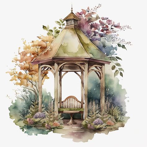 Photo watercolor romantic garden shelter... | Premium Photo #Freepik #photo #terrace #summer-flower #house-exterior #watercolor-house Watercolor Romantic, Garden Shelter, Whimsical Houses, Frames Design Graphic, Frames Design, Watercolor House, Flower House, Watercolor Girl, Flowers Illustration