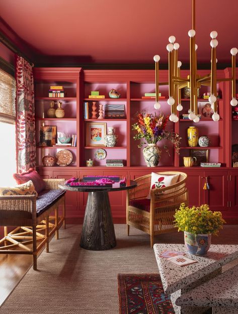 sitting area in den Floral Armchair, Conservatory Design, Kate Marker Interiors, Maximalist Design, Best Outdoor Furniture, Space Interiors, Dose Of Colors, House Beautiful, Pink Walls