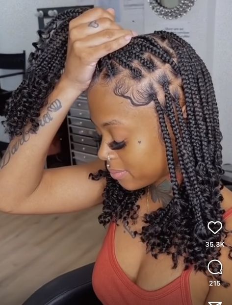 Short Braids Curled Ends, Short Medium Goddess Braids, Half Up Half Down Braided Hairstyles Short Hair, Short Curly Box Braids For Black Women, Shorts Braids Hairstyles, Box Braids Shoulder Length Medium, Box Braids With Curly Ends Short, Short Medium Braids With Curls, Short Knotless Braids Hairstyles With Curls