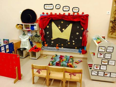 Drama Area Preschool, Music Dramatic Play, Music Dramatic Play Preschool, Nursery Classroom Layout, Music Area Eyfs, Theater Dramatic Play, Role Play Ideas, All About Me Crafts, Nursery Classroom