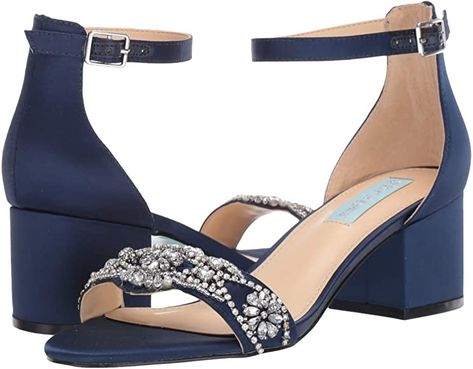 Textile Imported Synthetic sole Heel measures approximately 2.25 inches" Platform measures approximately .25 inches inches Block heel sandal Embellished toe strap Blue By Betsey Johnson Navy Wedding Shoes, Navy Blue Heels, Blue By Betsey Johnson, Perfect Wedding Shoes, Navy Blue Shoes, Shoe Ideas, Betsey Johnson Shoes, Heeled Sandal, Bride Shoes