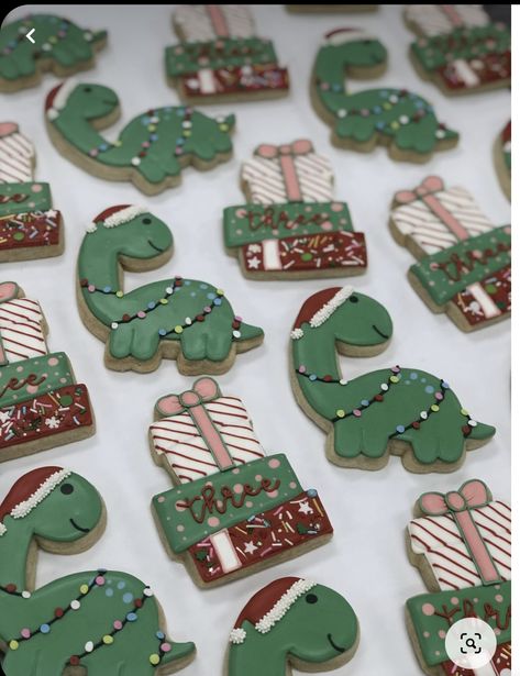 Dinosaur Christmas Cookies, Christmas Dinosaur Cookies, Dinosaur Sugar Cookies Royal Icing, Christmas Decorated Cookies, Dino Cookies, Christmas Sugar Cookies Decorated, Christmas Dinosaur, Dinosaur Cookies, Sugar Cookie Royal Icing