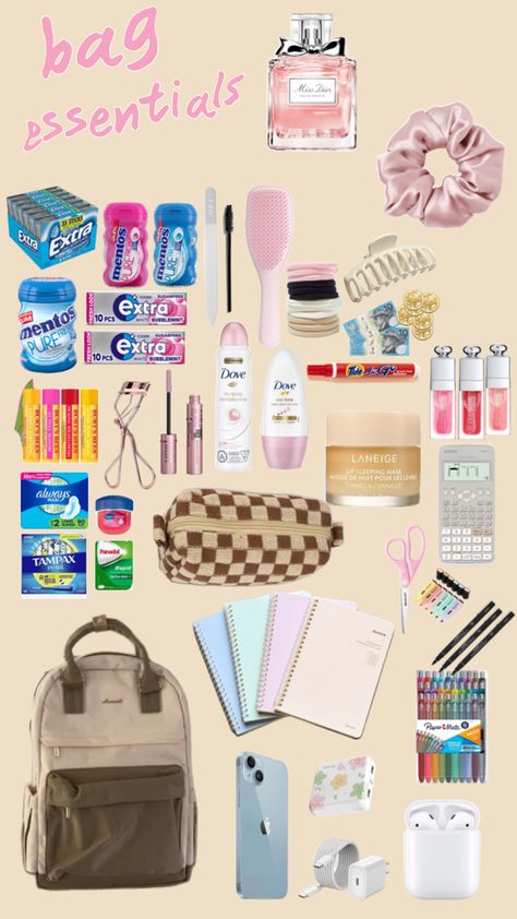 bag essentials for teens School Bag Essentials For Teens, Trip Essentials Packing Lists, Extra Gum, Daily Routine Planner, American Girl Doll Diy, School Bag Essentials, Fashion Illustration Sketches Dresses, Routine Planner, Bags For Teens