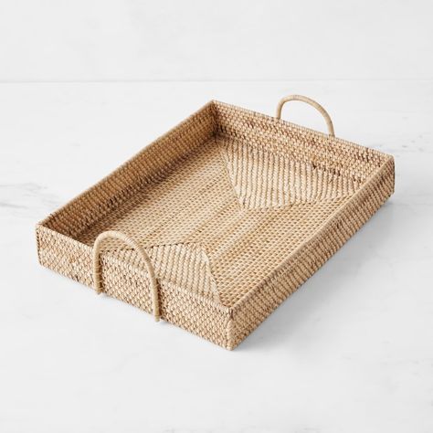 Light Woven Small Rectangular Tray | Williams Sonoma Upholstered Coffee Tables, Kate Marker Interiors, Woven Trays, Table Decor Living Room, Kids Pottery, Ceramic Platters, Kitchenware Store, Lift And Carry, Beautiful Coffee