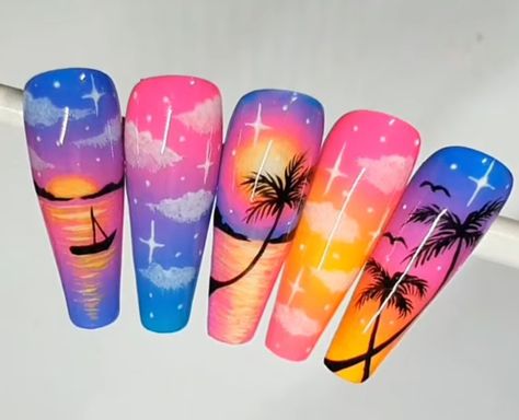 Beach Sunset Nail Designs, Sunrise Nail Art, Sunset Beach Nails, Sunset Nails Acrylic, Nails Palm Tree, Nail Competition, Nails Palm, Moms Nails, Turtle Nails