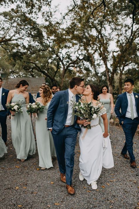 Sage Green Bridesmaid And Blue Suit, Wedding Party Sage Green And Navy, Champagne And Green Groomsmen, Dusty Blue And Sage Green Wedding Suits, Blue Suit Wedding Sage Green, Sage Bridesmaid Dresses And Navy Suits, Sage Blue And White Wedding, Navy Blue Suit Sage Green Dress, Blue Suit Green Dress Wedding