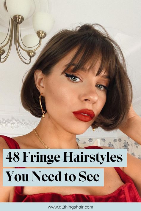 The best fringe hairstyles around with styling tips and tricks! Wedding Guest Hairstyles With Fringe, Fringe Vs No Fringe, Fringe Or No Fringe, Heavy Fringe Hairstyles, Bang Haircuts, Wispy Fringe Bangs, Bob With Fringe Bangs, Full Fringe Hairstyles, Fringe Ideas