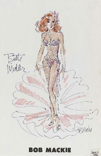 1978 A costume design by Bob Mackie for Bette Midler for her Television Special,"'Ol Red Hair is Back", felt pen and watercolor on paper, signed, the design showing Bette Midler coming out of a clam shell dripping in coral and pearls with a shell bra Shell Fashion Design, Bob Mackie Fashion, Shell Costume, Pearl Outfit, Costume Illustration, Costume Design Sketch, Shell Bra, Ella Enchanted, Hollywood Costume