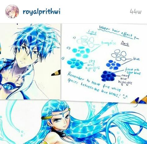 Copic Hair Tutorial, How To Draw Hair In Water, Anime Water Drawing, Water Hair Anime, How To Color Water, Ohuhu Markers Tutorial, Floating Hair Drawing Reference, Hair In Water Drawing, Water Hair Drawing