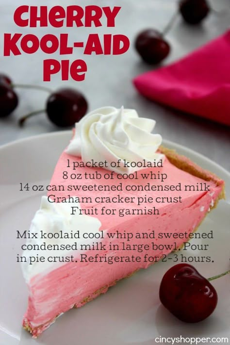 Koolaid Pie Recipes, Whipped Jello, Kool Aid Pie Recipe, Kool Aid Pie, Cool Whip Pies, Jello Recipe, Easy Fruit Salad Recipes, Yummy Pie Recipes, Jello Dessert Recipes