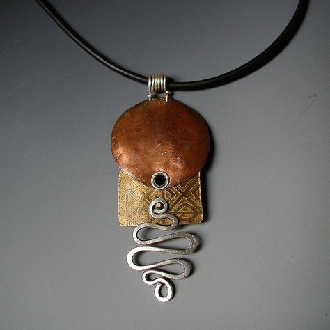 Mixed Metal Pendant Rivet Jewelry, Copper Etching, Leather Inspiration, Metal Ideas, Flatware Jewelry, Copper Work, Pendant Designs, Mosh Pit, Copper Jewellery