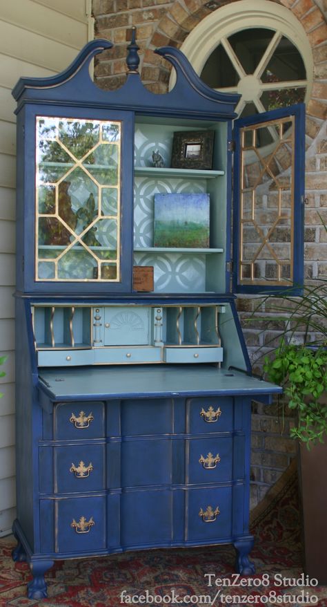 Refinished secretary desk in Napoleonic Blue and Duck Egg Blue by TenZero8 Studio. Duck Egg Blue Bedroom, Painted Secretary Desks, Secretary Desk Makeover, Small Garden Inspiration, Blue Bedroom Furniture, Vintage Secretary Desk, Napoleonic Blue, Blue Painted Furniture, Desk Makeover