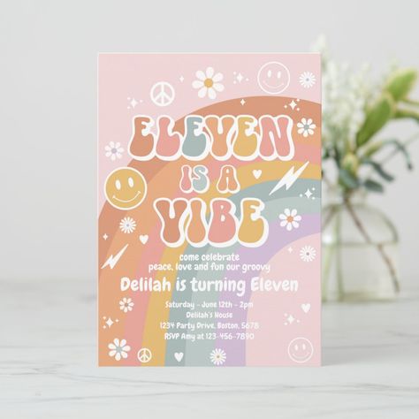 Eleven Is A Vibe Groovy Peace Rainbow Birthday Invitation Eleven Is A Vibe Birthday, Groovy Birthday Party Invitations, 11 Is A Vibe Birthday, Coachella Party Invitations, Groovy Aesthetic Birthday, Groovy 6th Birthday Party, Birthday Invitations Aesthetic, Groovy Invitations, Tae Birthday