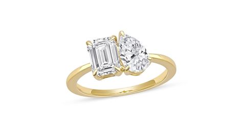 Creatable - 1.75 CT. T.W. Emerald-Cut and Pear-Shaped Certified Lab-Created Diamond Toi et Moi Engagement Ring in 14K Gold (F/VS2) - Peoples Jewellers. Jewelry Education, Heart Locket Necklace, Engagement Ring Shapes, Peoples Jewellers, Ring Shapes, Modern Romance, Eternity Wedding Band, Heart Locket, Locket Necklace