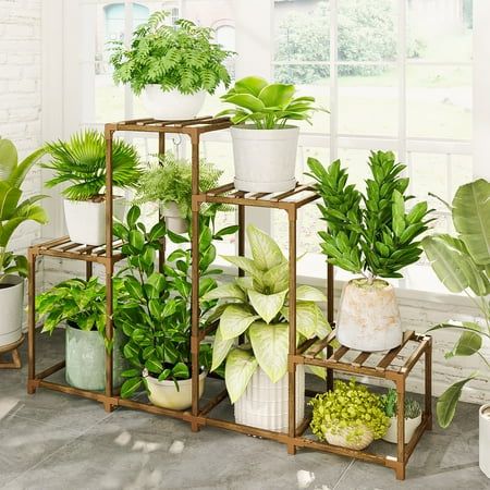 Gentingbro is made of eucalyptus wood, which has a solid structure and good for your plants.The indoor plant stand is connected with the ABS joints, making the plant shelf sturdy and solid. All wood slats and shelves are carbonized at high temperature, so they can be weatherproof and outside. Each shelf is 11.4, wide enough to hold several small plants, or 2 medium planters. Color: Brown. Plant Shelves Outdoor, Plant Holders Indoor, Artwork Decoration, Decor Corner, Corner Plant, Tall Plant Stands, Support Pour Plante, Plant Stands Outdoor, Gardening Gifts