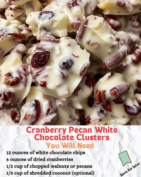 ￼

Ingredients:

12 ounces of white chocolate chips or morsels
6 ounces of dried cranberries
1/2 cup of chopped walnuts or pecans (optional)
1/3 cup of shredded coconut (optional)

Directions:

Line a cookie sheet with aluminum foil.
Place white chocolate in a microwave-safe bowl. Microwave on Medium-High (70%) power for 1 minute, stirring after. Continue microwaving in 10-20 second intervals, stirring until chocolate is completely melted.
Stir in dried cranberries, nuts, and coconut until combined.
Drop by rounded teaspoonfuls onto the prepared cookie sheet.
Let set at room temperature or chill in the refrigerator for about 15 minutes until firm.
Store in a tightly sealed container in the refrigerator for up to 2 weeks.
Prep Time: 10 minutes | Cooking Time: 2 minutes | Total Time: 12 minu White Chocolate Pecan Cranberry Clusters, White Chocolate Pecan Clusters, White Chocolate Clusters, White Chocolate Cranberry Pecan Clusters, Easy Christmas Goodies, Pecan Clusters, Nut Clusters, Homemade Fudge Recipes, Christmas Truffles