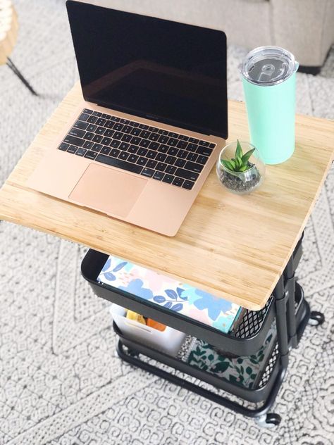 DIY Rolling Desk In 5 Minutes - Organized-ish by Lela Burris Rolling Desk Cart Home Office, Mobile Desk Setup, Mobile Desk Ideas, Tiered Cart Organization, Diy Rolling Desk, Portable Desk Ideas, Ikea Trolley, Cart Organization, Office Cart