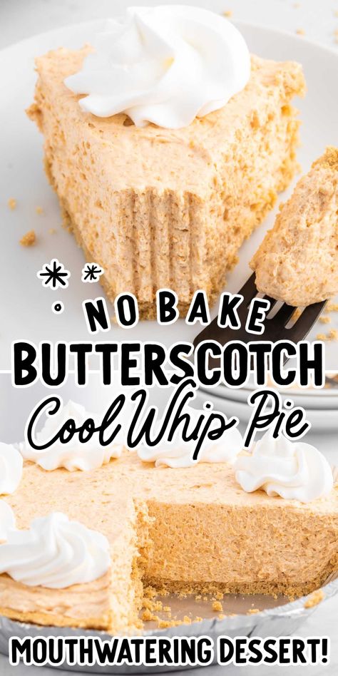 Our butterscotch Cool Whip pie is so soft and fluffy with a delicious rich flavor to make your taste buds happy. Butterscotch Pie Easy Jello, Butterscotch Cool Whip Pie, Cool Whip Recipes, Cool Whip Pie, Butterscotch Pie Recipe, Butterscotch Desserts, Cool Whip Pies, Butterscotch Recipes, Icebox Cakes