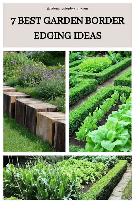 Creative garden border ideas, featuring wooden logs and manicured hedges, showcasing vibrant greenery. Vegetable Garden Border, Border Edging Ideas, Wooden Garden Borders, Fast Growing Privacy Shrubs, Landscaping Edging, Recycled Tyres, Concrete Edging, Garden Border Edging, Flower Bed Borders