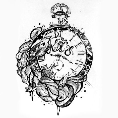 A nice sketch style tattoo of a clock that will remind you that time is limited. Style: Sketch. Color: Black. Tags: Nice Alice In Wonderland Tattoo, Alice And Wonderland Tattoos, Backpiece Tattoo, Sketch Style Tattoos, Buddha Tattoos, Clock Tattoo Design, Wonderland Tattoo, Omerta Tattoo, Clock Tattoo