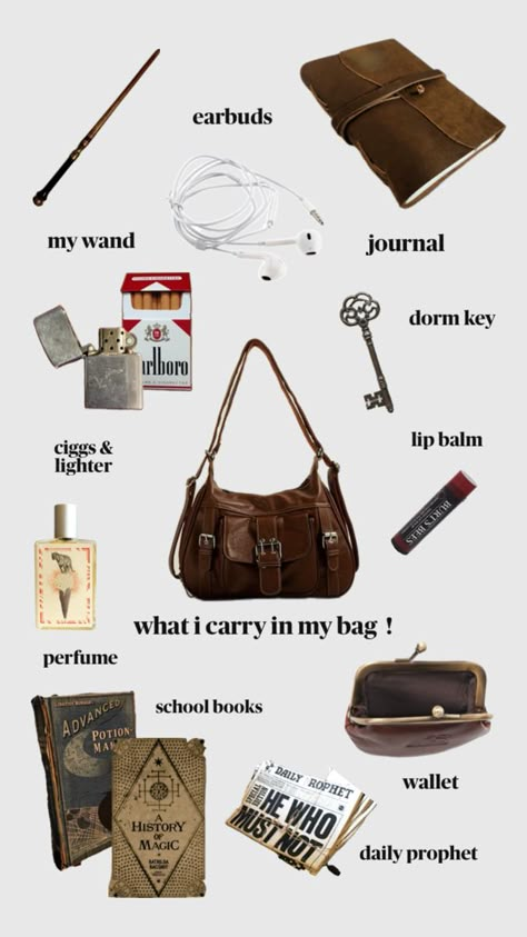 Hogwarts Bag, Shifting Hogwarts, The Hogwarts Express, What's In My Backpack, Everyday Bag Essentials, School Bag Essentials, Hippie Aesthetic, Inside My Bag, Purse Essentials