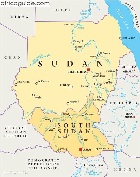 Sudan and South Sudan map with capitals Khartoum and Juba Sudan Map, Sheikh Zayed Bin Sultan, Zayed Bin Sultan Al Nahyan, World Water Day, South Sudan, Sheikh Zayed, Addis Ababa, Africa Map, Country Maps