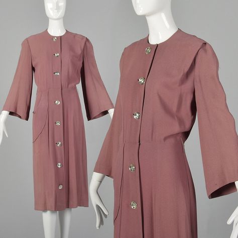 XXS 1940S DAY Dress Mauve Button Front Vintage Bell Sleeve 30s Rayon Crepe Pink $162.00 - PicClick 1940’s Dresses, Dress Midi Casual, 30s Dress, Dresses 40s, Bias Cut Dress, Lace Trim Shorts, Mauve Dress, Vintage Bell, Button Front Dress