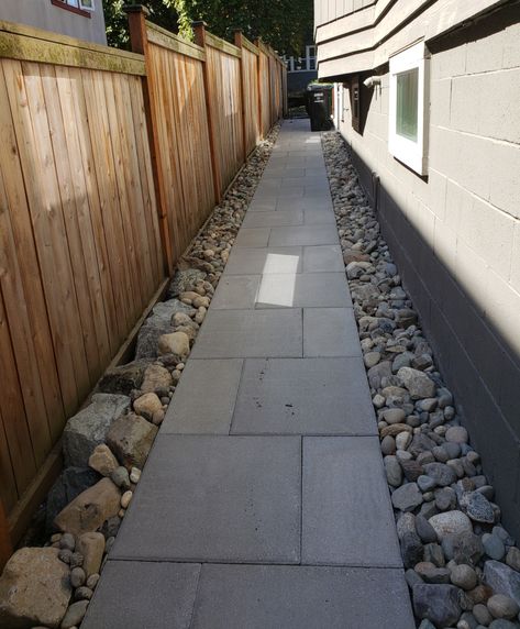 Concrete Walkway Side Of House, Side Paths House, Diy Walkway Side Of House, Pavement Ideas Walkways, Sidewalk Along Side Of House, Pavers On Side Of House, Side Paver Walkway, Walkways Paths Side Of House Sidewalks, Side House Walkway Landscaping Ideas