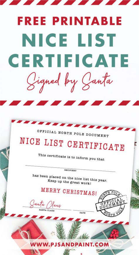 Free Printable Nice List Certificate | Signed by Santa Santa Certificate Free Printable, Santa Nice List Certificate Free, From The Desk Of Santa Free Printable, Nice List Certificate Free Printable, Santa Gift Tags Printable, Christmas Bingo Printable, Christmas Nice List, Christmas Bingo Cards, Santa Letters