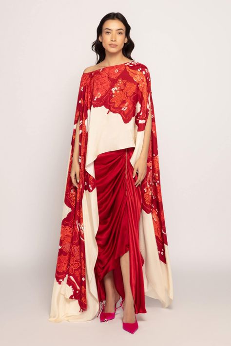 Shop for these amazing collections of Red Silk Print Floral Round Blossom Cape For Women by Saaksha & Kinni online at Aza Fashions. Skirt Cape, Cape Skirt, Maroon Skirt, Cape For Women, Cape Set, Silk Cape, Asymmetric Skirt, Kaftan Style, Draped Skirt