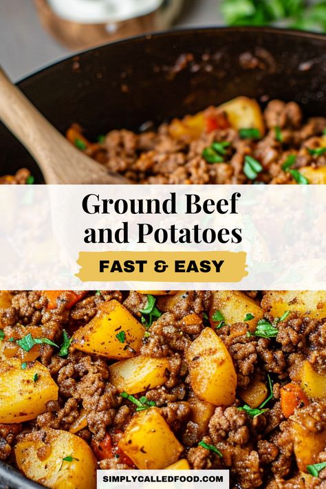 Try the Ground Beef and Potatoes recipe, a fast and easy dinner idea for busy nights. Suitable for any cookware, including skillets and casseroles, it's a healthy addition to your dinner recipes. Discover this and more quick, simple entrées at SimplyCalledFood.com with the Ground Beef and Potatoes recipe and other minced beef recipes. 30 Minute Dinners Ground Beef, Easy Dinner Recipes With Ground Beef Cheap, Ground Turkey With Potatoes Recipes, Dinner Recipes Burger Ground Beef, Couscous Ground Beef, Easy Meal With Potatoes, Potato Ground Turkey Recipes, Quick Meals With Ground Turkey, Chicken And Ground Beef Recipes