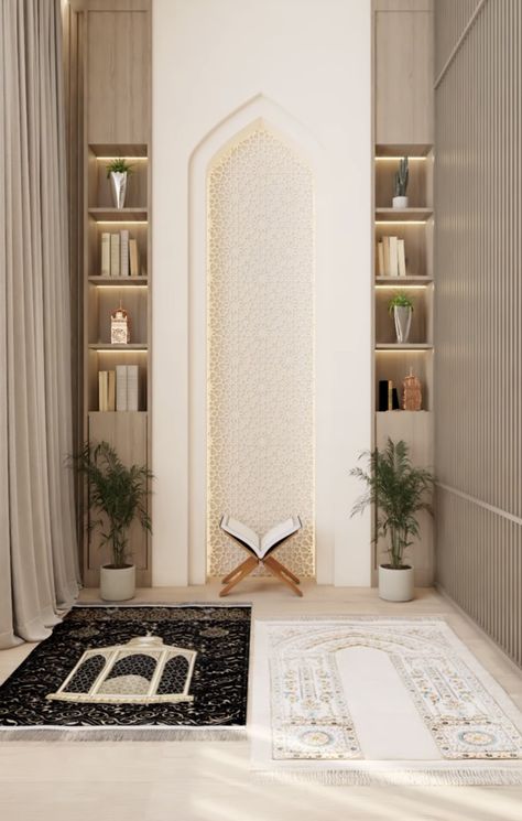 Home Prayer Room Ideas Muslim, Islam Prayer Room, Prayer Area Ideas Home Muslim, Pray Corner Ideas Islam, Namaz Room Ideas, Islamic Prayer Room Ideas, Prayer Room Design Muslim, Islamic Prayer Room, Home Mosque