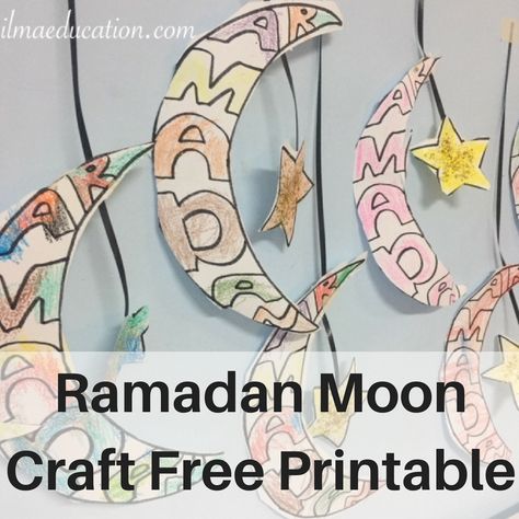 Ramadan Moon Craft Free Printable Moon Crafts For Kids, Brownies Activities, Ramadan Craft, Eid Activities, Moon Craft, Muslim Parenting, Ramadan Moon, Moon Mobile, Ramadan Cards