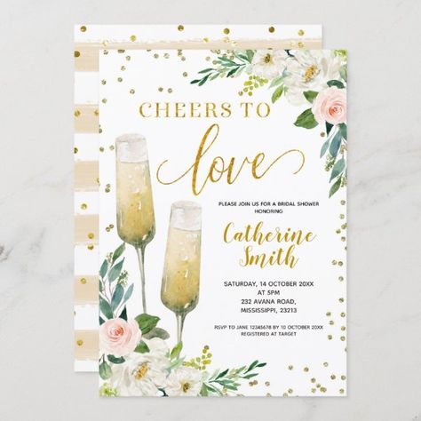 Gold Floral Cheers to Love Bridal Shower Invitation Love Is Sweet Bridal Shower Invitations, Wine Bridal Shower Invitations, Bridal Shower Champagne, Bridal Shower Wine, Brunch Bubbly, Retirement Invitations, Couples Bridal Shower, Elegant Bridal Shower, Couples Shower Invitations