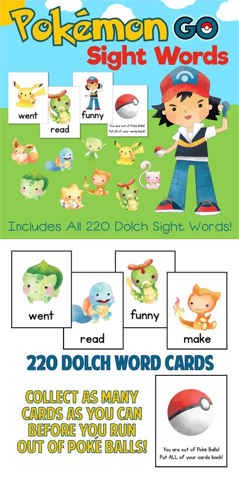 Pokemon Go Sight Words Game!  Available in Dolch AND Fry Word versions.  Collect as many Pokemon cards as you can before you run out of Poke Balls! Pokemon Homeschool, Pokemon Scavenger Hunt, Pokémon Classroom, Pokemon Activities, Pokemon School, Sight Word Centers, Dolch Words, Sight Word Cards, Dolch Sight Words