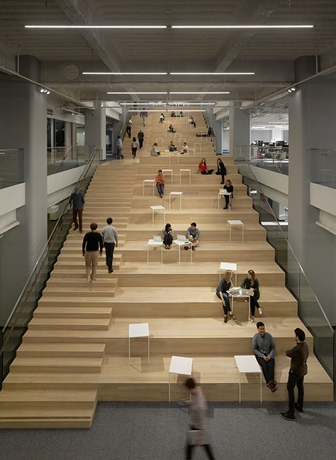 Dramatic two-story staircase at Square. Staircase Architecture, Stadium Seating, Mobile Payment, San Francisco Design, Urban Design Concept, Library Architecture, Stairs Architecture, Corporate Interiors, Architecture Model Making