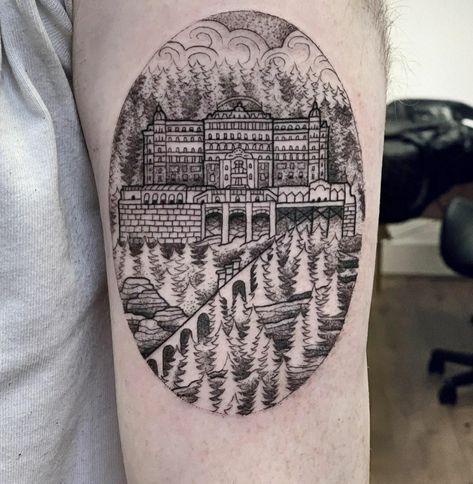 Grand Budapest Hotel Tattoo, Budapest Tattoo, Drawing Of A City, Hotel Tattoo, One Hotel, Hotel Budapest, Geek Tattoo, Moonrise Kingdom, Grand Budapest