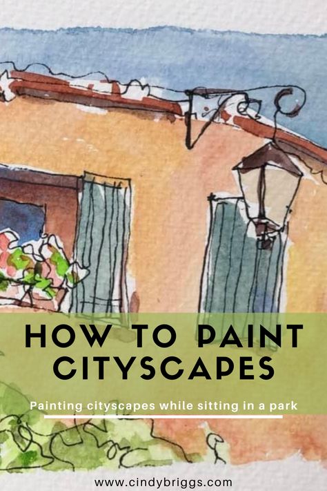 Watercolor Cityscape Tutorial, How To Paint Buildings, Cindy Briggs Watercolor, Watercolor Cityscape Easy, Watercolor Buildings Easy, Watercolor Street Scenes, Watercolour Houses, Watercolour Practice, Painting Buildings