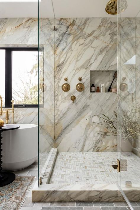 Gold and Silver Spa Bathroom With Wood Table 2024 Bathroom, Glamorous Bathroom, Spa Bathroom, Sweet Water, Marble Showers, Shower Floor Tile, Wet Room, Bad Inspiration, Brown Bathroom